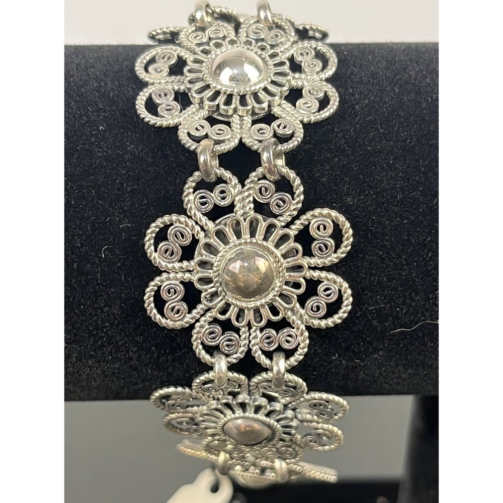 Vintage‎ Art Deco Sterling Silver 3D Flower Links Bracelet